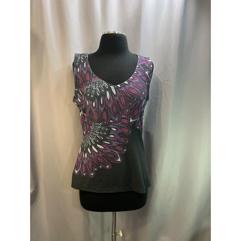 Prana Breathe Tank Top Womens L Black Stretch Peacock Feather Print Sleeveless